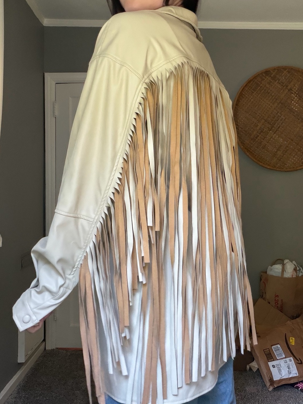 Nasty Gal Cream Fringe Faux Leather Shirt Jacket